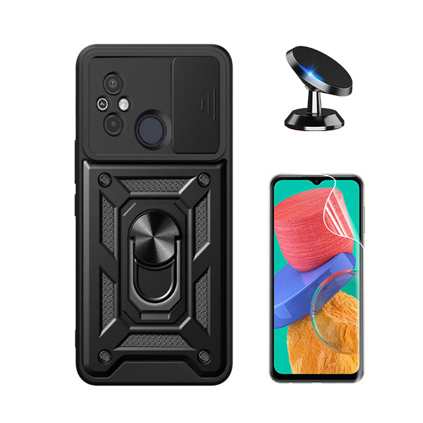 Kit Película Protectora de Hydrogel Frente + Capa de Proteção Militar Magnética Janela Deslizante + Suporte Magnético Phonecare para Xiaomi Redmi 11A - Preto