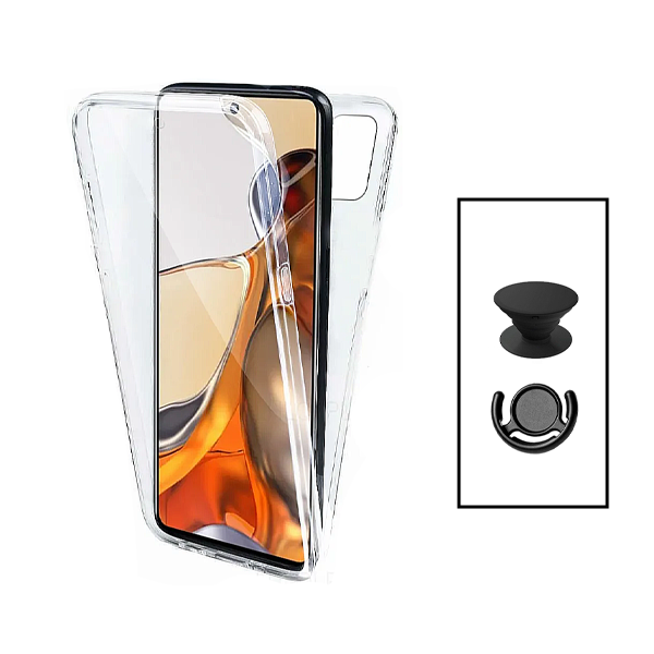 Kit Capa 360° Proteção Frente e Verso + 1 HandHolder + 1 Suporte HandHolder Preto para Xiaomi Redmi Note 12S - Transparente/Preto