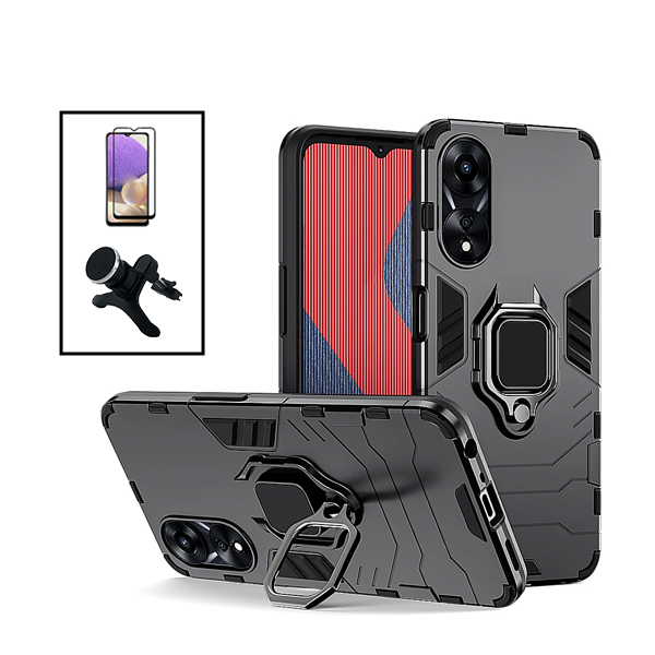 Kit Película de Vidro Temperado GorilasGlass + Capa de Proteção Militar Magnética + Suporte Magnético Com Pernas para Oppo A58 - Preto