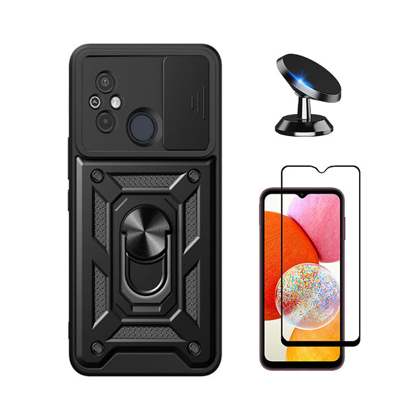 Kit Película de Vidro Temperado GorilasGlass + Capa de Proteção Militar Magnética Janela Deslizante + Suporte Magnético Phonecare para Xiaomi Redmi 11A - Preto