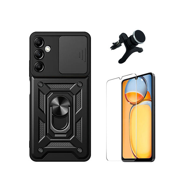 Kit Vidro Temperado ClearGorilasGlass + Capa de Proteção Militar Magnética Janela Deslizante + Suporte Magnético Com Pernas GIFT4ME para Samsung Galaxy A15 - Preto