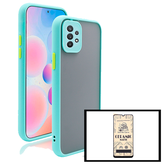 Kit Capa Traseira Proteção Camara + Vidro Temperado Ceramica Full Cover para Samsung Galaxy A32 5G - Azul Claro