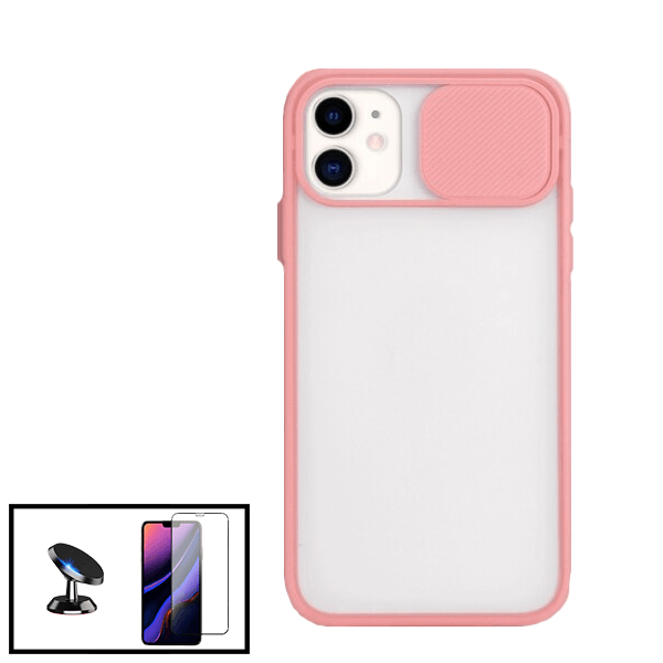 Kit Capa Proteção Camara Deslizante + Película de Vidro Temperado GorilasGlass + Suporte Magnético para Apple iPhone SE 2022 - Rosa