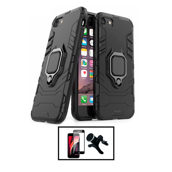 Kit Película de Vidro Temperado GorilasGlass + Capa de Proteção Militar Magnética + Suporte Magnético Com Pernas para Apple iPhone SE 2022 - Preto