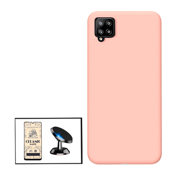 Kit Vidro Temperado Ceramica Full Cover + Capa Proteção Traseira Silicone + Suporte Magnético para Samsung Galaxy M12 - Rosa