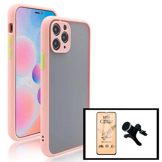 Kit Capa Traseira Proteção Camara + Vidro Temperado Ceramica Full Cover + Suporte Magnético Com Pernas para iPhone 13 - Rosa