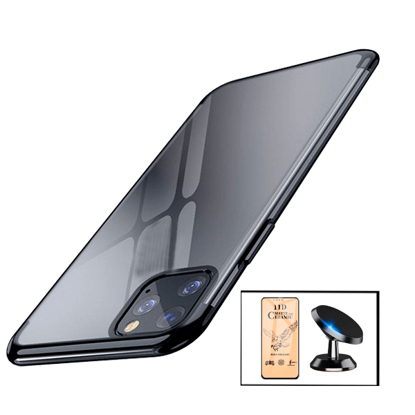 Kit Vidro Temperado Ceramica Full Cover + Capa Proteção Traseira Super Slim + Suporte Magnético para iPhone 13 Pro - Preto