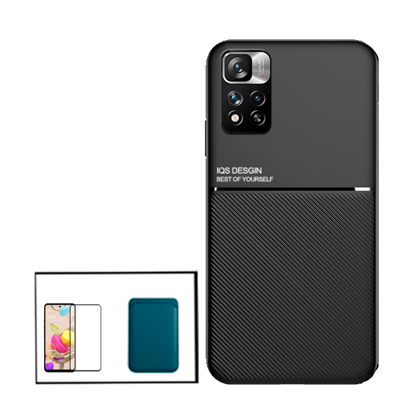 Kit Capa Traseira Magnética Anti Choque + Carteira Magnetica Azul + Película de Vidro Temperado GorilasGlass para Xiaomi Redmi Note 11E Pro - Preto