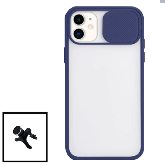 Kit Capa Proteção Camara Deslizante + Suporte Magnético Com Pernas para Apple iPhone SE 2022 - Azul Escuro