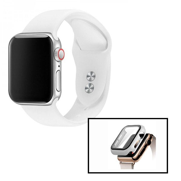 KIT Capa de Proteção + Vidro + Bracelete Silicone para Apple Watch Series 7 - 41mm - Branco