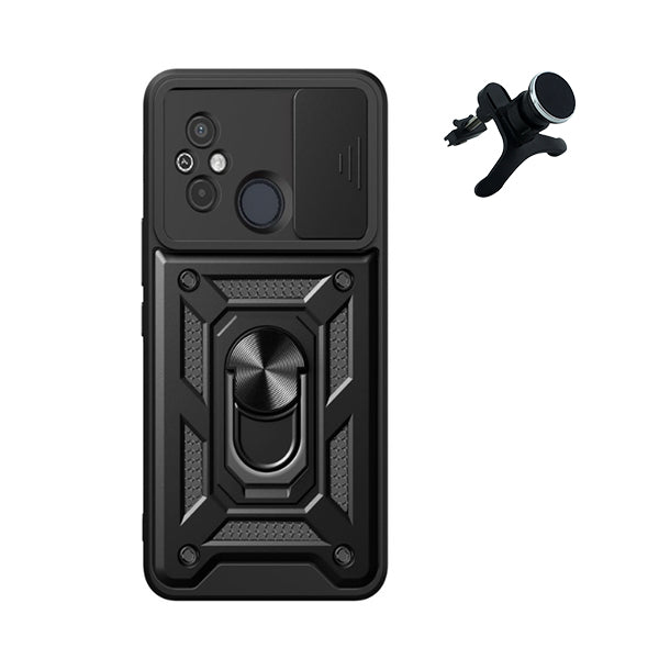 Kit Suporte Magnético Com Pernas + Capa de Proteção Militar Magnética Janela Deslizante Phonecare para Xiaomi Redmi 11A - Preto