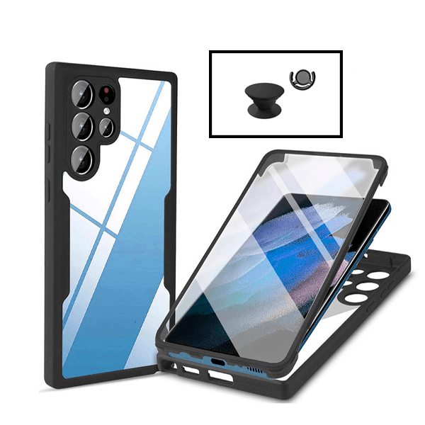 Kit Capa 360° Proteção Frente e Verso + 1 HandHolder + 1 Suporte HandHolder Preto para Samsung Galaxy S22 Ultra 5G - Preto