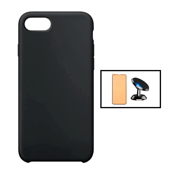 Kit Vidro Temperado Ceramica Full Cover + Capa Silicone Líquido + Suporte Magnético para Apple iPhone SE 2022 - Preto