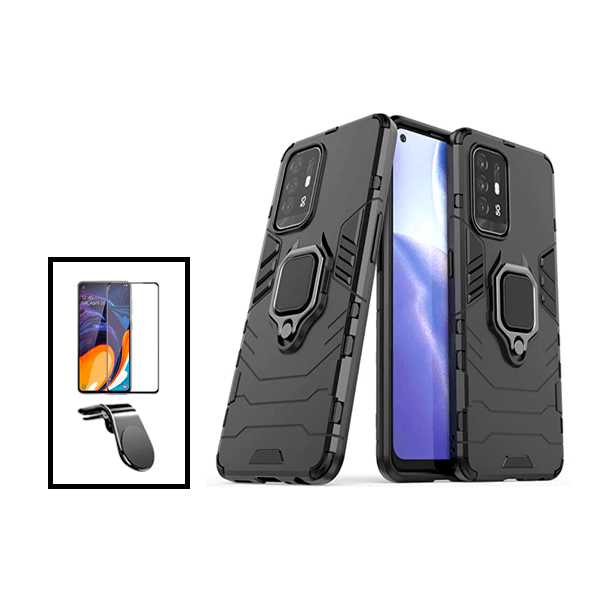Kit Película de Vidro Temperado GorilasGlass + Capa de Proteção Militar Magnética + Suporte de Carro Magnético L para Oppo Reno5 Z - Preto