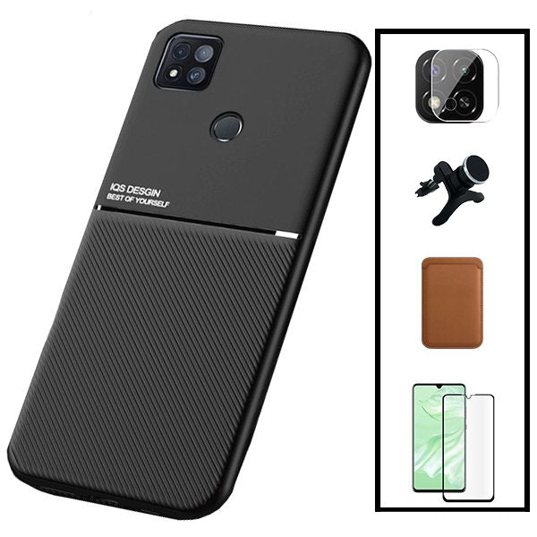 Kit Capa Traseira Magnética Anti Choque + Carteira Magnetica Castanho + Película de Vidro Temperado GorilasGlass + Película Protectora para Câmara Traseira + Suporte Magnético Com Pernas para Xiaomi Poco C31