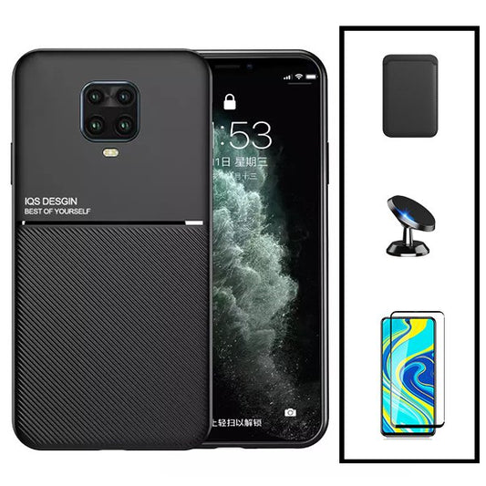 Kit Capa Traseira Magnética Anti Choque + Carteira Magnetica Preto + Película de Vidro Temperado GorilasGlass + Suporte Magnético para Xiaomi Redmi Note 10 Lite