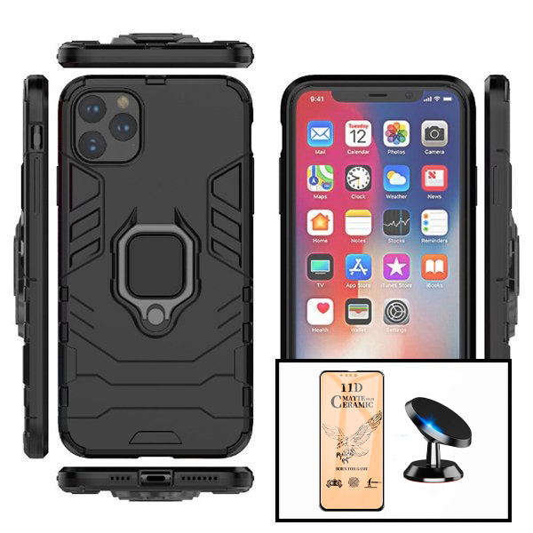 Kit Vidro Temperado Ceramica Full Cover + Capa de Proteção Militar Magnética + Suporte Magnético para iPhone 13