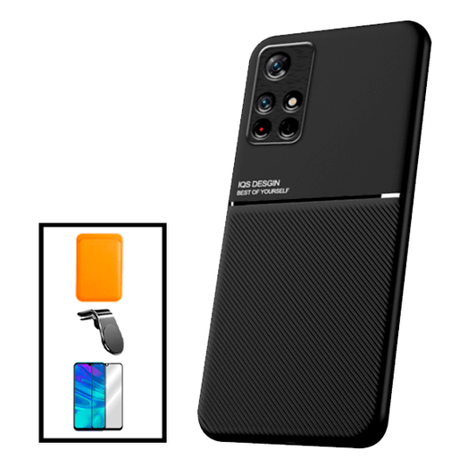 Kit Capa Traseira Magnética Anti Choque + Carteira Magnética Laranja + Película de Vidro Temperado GorilasGlass + Suporte Magnético L para Xiaomi Poco M4 Pro 5G