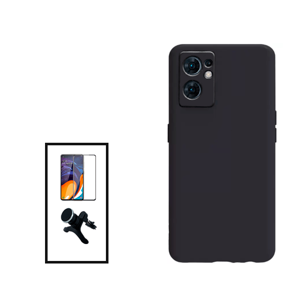 Kit Película de Vidro Temperado GorilasGlass + Capa Proteção Traseira Silicone + Suporte Magnético Com Pernas para Oppo Reno7 SE 5G - Preto