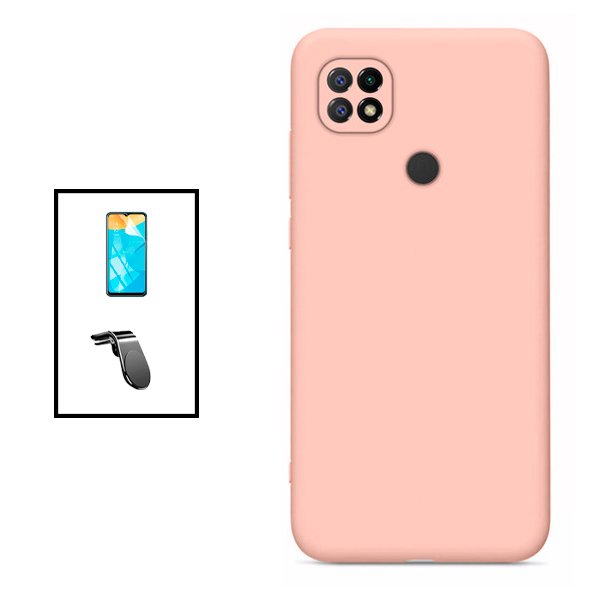 Kit Película Protectora de Hydrogel Frente + Capa Proteção Traseira Silicone + Suporte de Carro Magnético L para Xiaomi Redmi 10C - Rosa