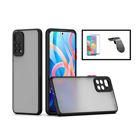 Kit Capa Traseira Proteção Camara + Película de Vidro Temperado GorilasGlass + Suporte de Carro Magnético L para Xiaomi Redmi Note 11 - Preto