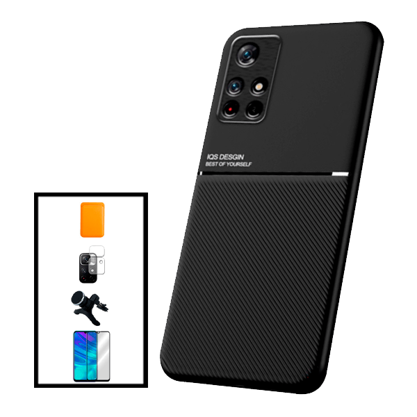 Kit Capa Traseira Magnética Anti Choque + Carteira Magnética Laranja + Película de Vidro Temperado GorilasGlass + Película Protectora para Câmara Traseira + Suporte Magnético Com Pernas para Xiaomi Poco M4 Pro 5G