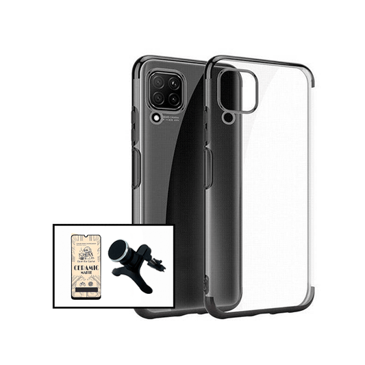 Kit Vidro Temperado Ceramica Full Cover + Capa Proteção Traseira Super Slim + Suporte Magnético Com Pernas para Samsung Galaxy A12 - Preto