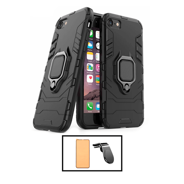 Kit Vidro Temperado Ceramica Full Cover + Capa de Proteção Militar Magnética + Suporte de Carro Magnético L para Apple iPhone SE 2022 - Preto