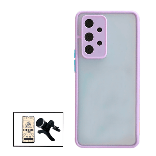 Kit Capa Traseira Proteção Camara + Vidro Temperado Ceramica Full Cover + Suporte Magnético Com Pernas para Samsung Galaxy A32 5G - Roxo