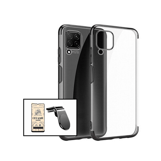 Kit Vidro Temperado Ceramica Full Cover + Capa Proteção Traseira Super Slim + Suporte de Carro Magnético L para Samsung Galaxy A12 - Preto