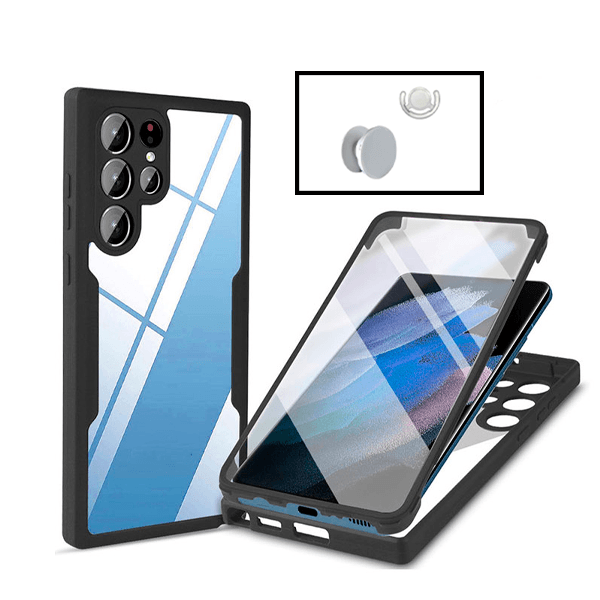 Kit Capa 360° Proteção Frente e Verso + 1 HandHolder + 1 Suporte HandHolder Branco para Samsung Galaxy S22 Ultra 5G - Preto