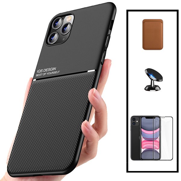 Kit Capa Traseira Magnética Anti Choque + Carteira Magnética Castanho + Película de Vidro Temperado GorilasGlass + Suporte Magnético para Xiaomi Mi 11 Lite