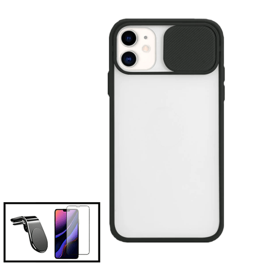 Kit Capa Proteção Camara Deslizante + Película de Vidro Temperado GorilasGlass + Suporte de Carro Magnético L para Apple iPhone SE 2022 - Preto