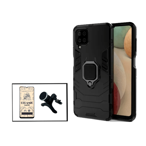 Kit Vidro Temperado Ceramica Full Cover + Capa de Proteção Militar Magnética + Suporte Magnético Com Pernas para Samsung Galaxy M12