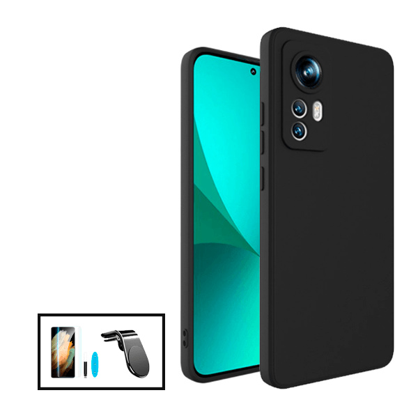 Kit Película de Vidro Curvada Full Glue UV + Capa Proteção Traseira Silicone + Suporte de Carro Magnético L para Xiaomi 12X - Preto