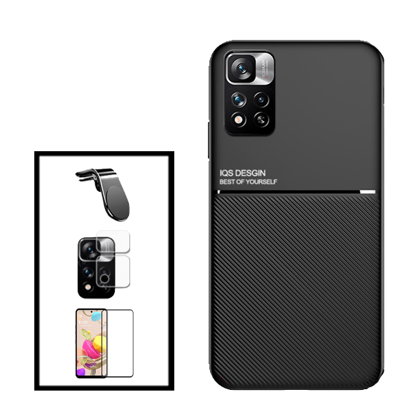Kit Capa Traseira Magnética Anti Choque + Película de Vidro Temperado GorilasGlass + Película de Câmara + Suporte de Carro Magnético L para Xiaomi Redmi Note 11E Pro - Preto