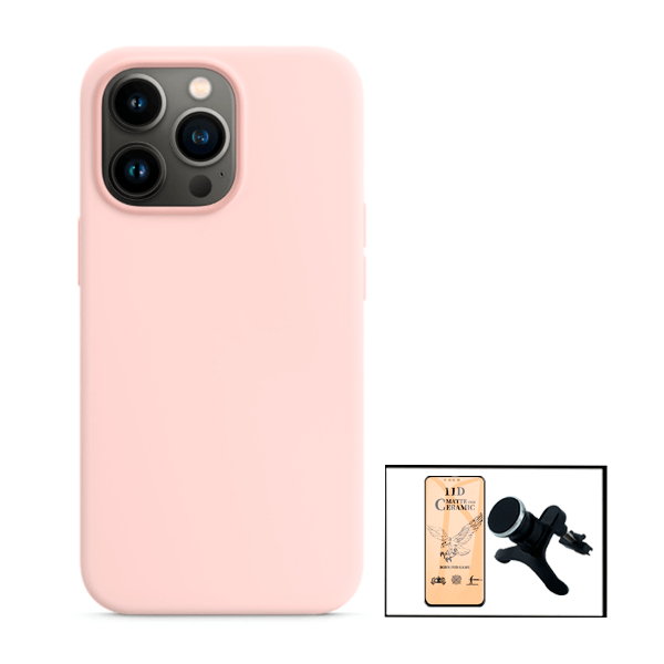 Kit Vidro Temperado Ceramica Full Cover + Capa Proteção Traseira Silicone + Suporte Magnético Com Pernas para iPhone 13 - Rosa
