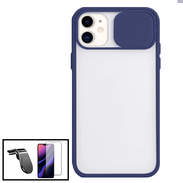 Kit Capa Proteção Camara Deslizante + Película de Vidro Temperado GorilasGlass + Suporte de Carro Magnético L para Apple iPhone SE 2022 - Azul Escuro