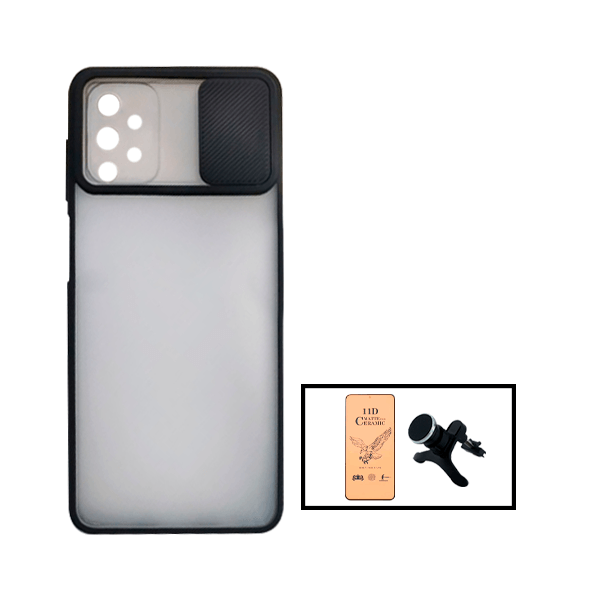 Kit Capa Proteção Camara Deslizante + Vidro Temperado Ceramica Full Cover + Suporte Magnético Com Pernas para Samsung Galaxy A52 - Preto