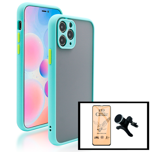 Kit Capa Traseira Proteção Camara + Vidro Temperado Ceramica Full Cover + Suporte Magnético Com Pernas para iPhone 13 - Azul Claro