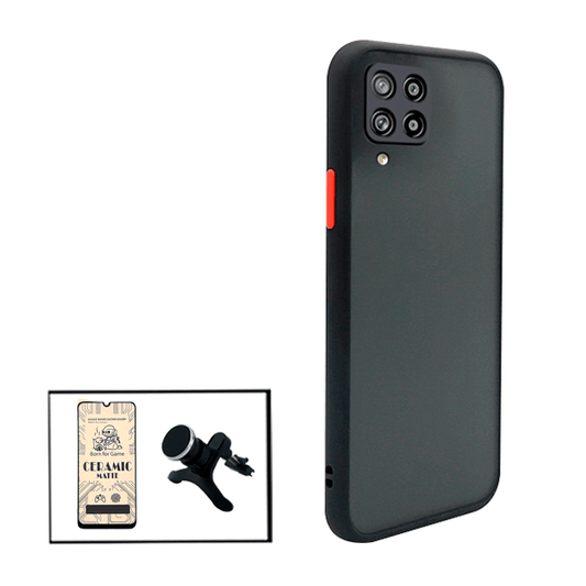 Kit Capa Traseira Proteção Camara + Vidro Temperado Ceramica Full Cover + Suporte Magnético Com Pernas para Samsung Galaxy A12 - Preto