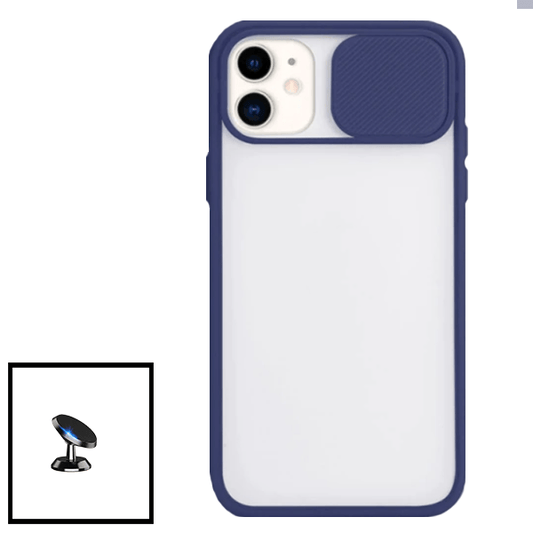 Kit Capa Proteção Camara Deslizante + Suporte Magnético para Apple iPhone SE 2022 - Azul Escuro