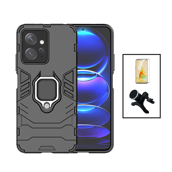 Kit Película de Vidro Temperado GorilasGlass + Capa de Proteção Militar Magnética + Suporte Magnético Com Pernas para Xiaomi Redmi Note 12 4G - Preto