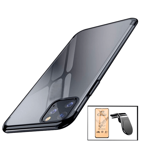 Kit Vidro Temperado Ceramica Full Cover + Capa Proteção Traseira Super Slim + Suporte de Carro Magnético L para iPhone 13 Pro - Preto