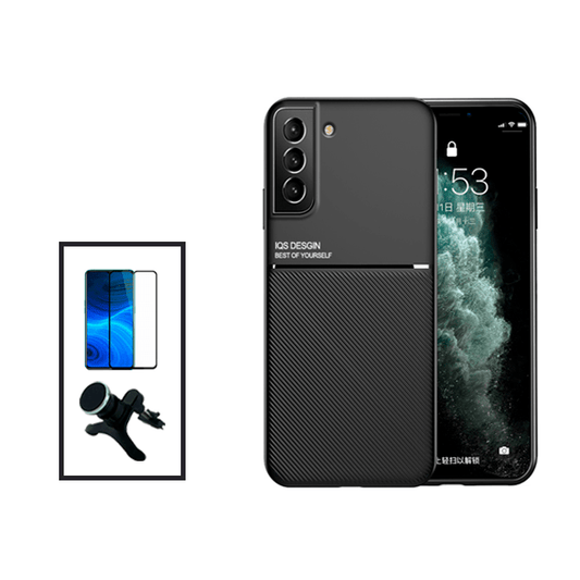 Kit Capa Traseira Magnética Anti Choque + Película de Vidro Temperado GorilasGlass + Suporte Magnético Com Pernas para Samsung Galaxy S21 FE 5G - Preto