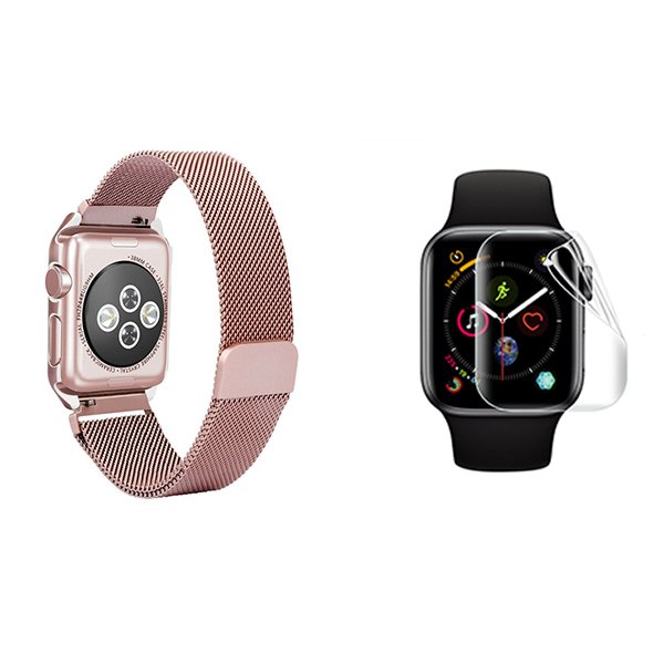 Kit Bracelete Milanese Com Fecho Magnético + Pelicula de Hydrogel para Apple Watch Edition Series 7 - 41mm - Rosa / Transparente