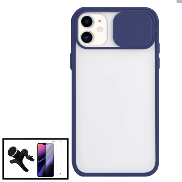 Kit Capa Proteção Camara Deslizante + Película de Vidro Temperado GorilasGlass + Suporte Magnético Com Pernas para Apple iPhone SE 2022 - Azul Escuro