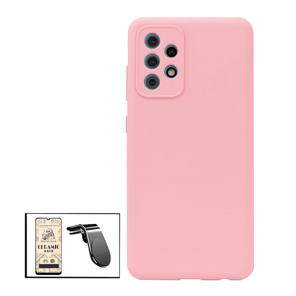 Kit Vidro Temperado Ceramica Full Cover + Capa Proteção Traseira Silicone + Suporte de Carro Magnético L para Samsung Galaxy A52s 5G - Rosa