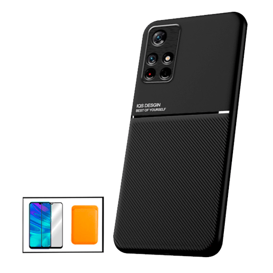 Kit Capa Traseira Magnética Anti Choque + Carteira Magnética Laranja + Película de Vidro Temperado GorilasGlass para Xiaomi Poco M4 Pro 5G