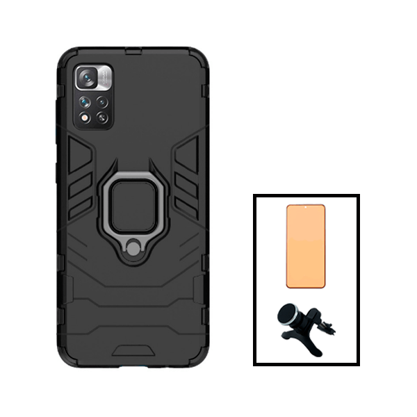 Kit Vidro Temperado Ceramica Full Cover + Capa de Proteção Militar Magnética + Suporte Magnético Com Pernas para Xiaomi Poco X4 NFC - Preto